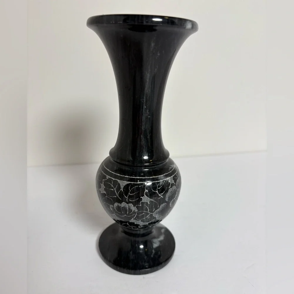 Vintage Marble Dark Gray Floral Etched Vase